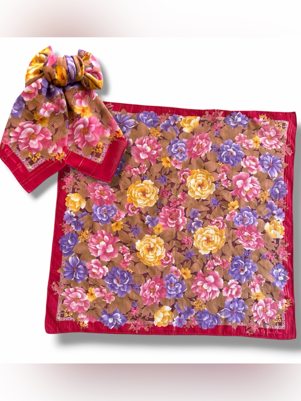 Christian Dior Scarf Vibrant Multicolor Floral Print Gold Shimmer Bandanna